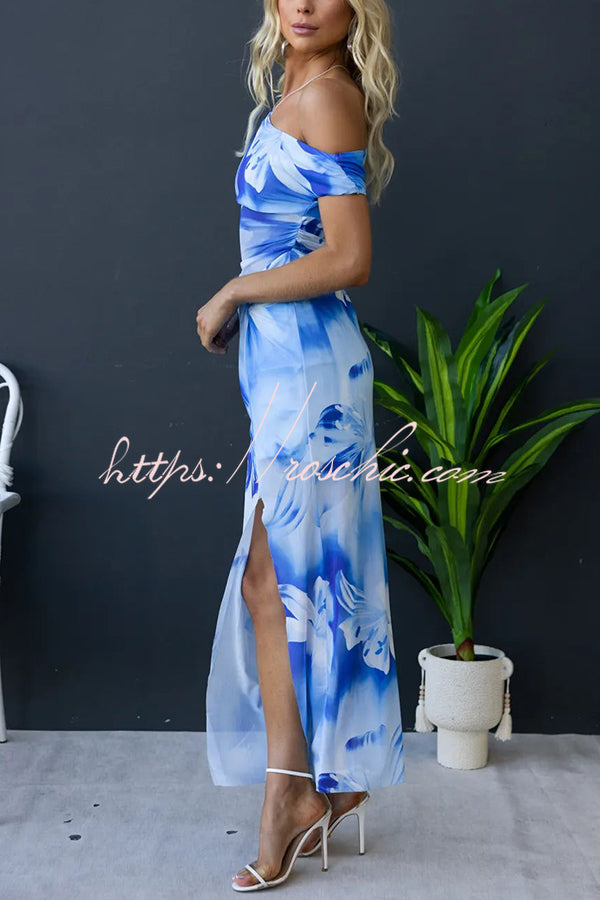 Escala Mesh Overlay Print One Shoulder Cross Detail Slit Stretch Maxi Dress