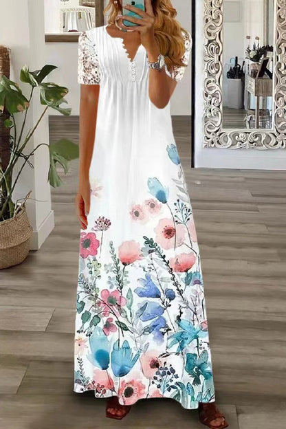V Neck Button Lace Sleeve Holiday Beach Maxi Dress