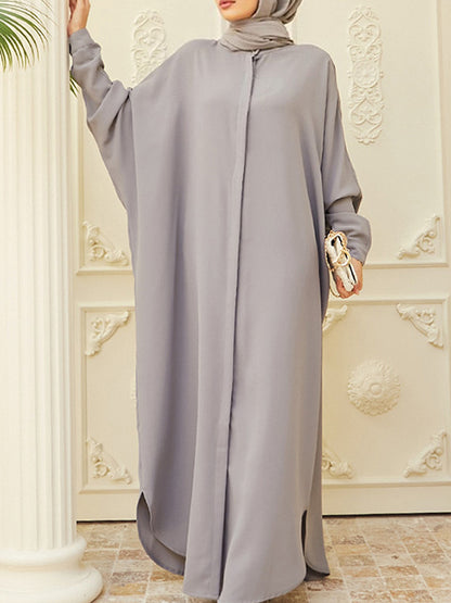 Batwing Sleeves Loose Buttoned Muslim Color Split-side Round-neck Maxi Dresses