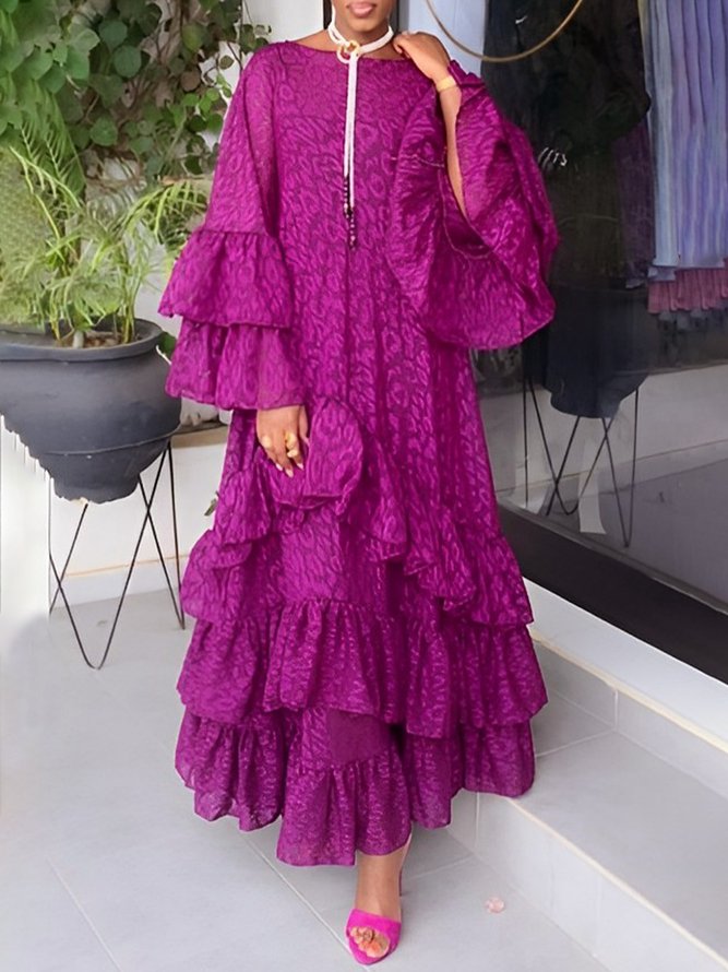 Flared Sleeves Loose Falbala Color Round-neck Maxi Dresses
