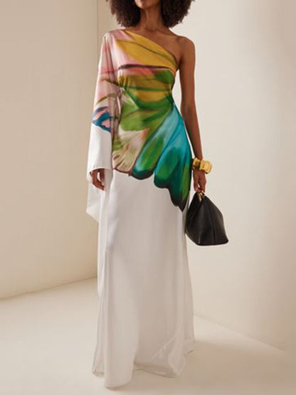 Long Sleeves Loose Asymmetric Flower Print One-shoulder Maxi Dresses
