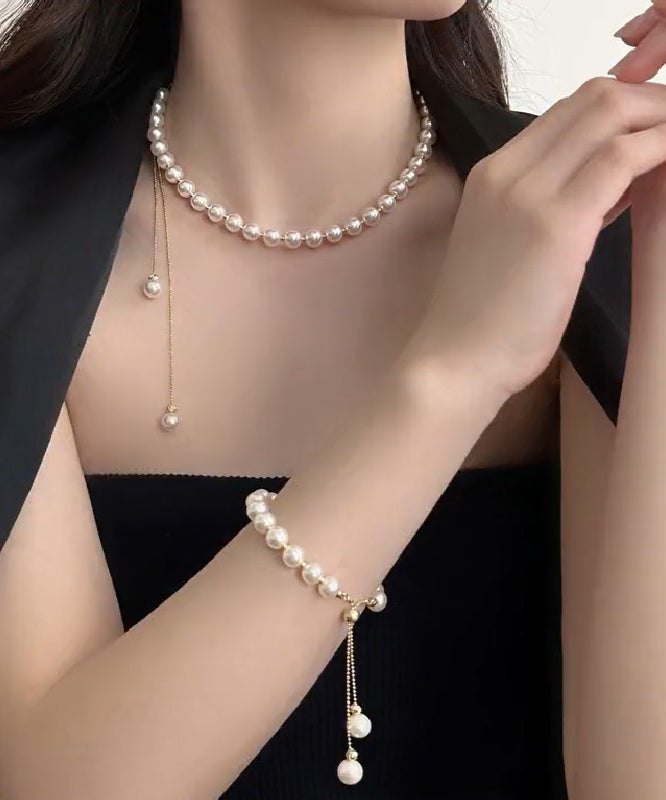White Copper Alloy Pearl Tassel Charm Bracelet and Gratuated Bead Necklace Two Piece Set