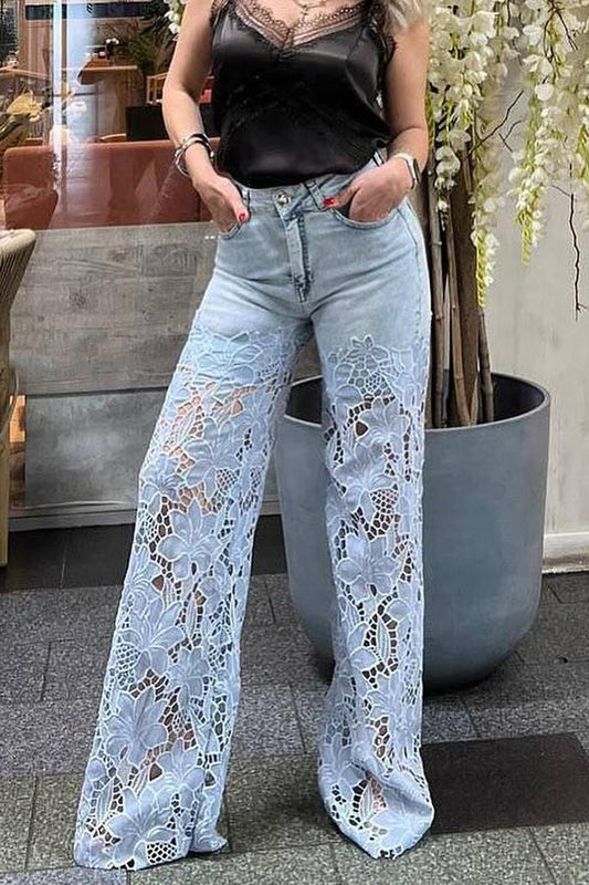 Hollow Lace Stitching Pocket Denim Wide-leg Pants