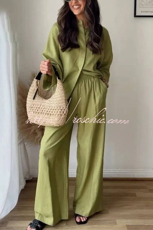 Color Loose Shirt and Elastic Waist Pocket Wide Leg Pants Set