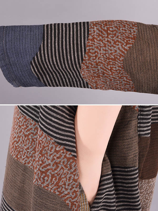 Artistic Retro Loose Ramie Cotton Striped Multi-colored Round-neck Long Sleeves Midi Dress