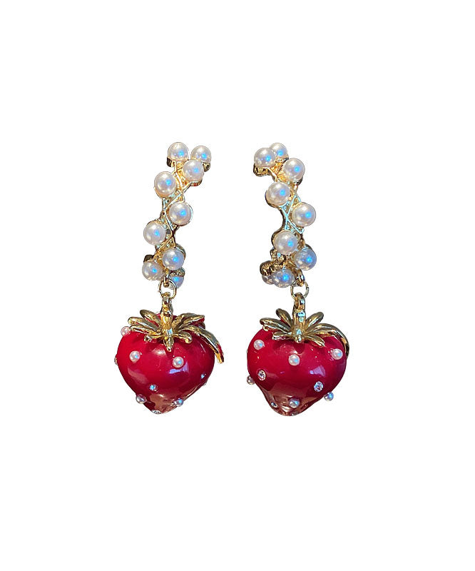 Red Alloy Zircon Jade Strawberry Drop Earrings