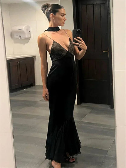 Lace Splice Maxi Dresses for Deep V Neck Mesh Slim Dress Woman Temperament Clubwear Party Evening Dress Femme