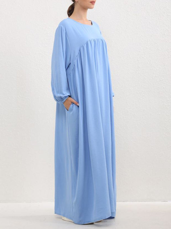 Long Sleeves Loose Pleated Color Split-joint Round-neck Maxi Dresses