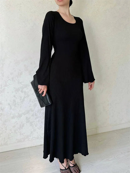 Black Ribbed Maxi Dress for Loose Slim High Waist Long Sleeve Party Dress Female Autumn Dress