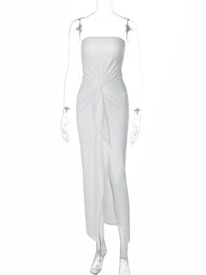 White Pleated Long Dress Bandeau Slim Backless High Waist Lace-up Party Dress Female Autumn Maxi Dress