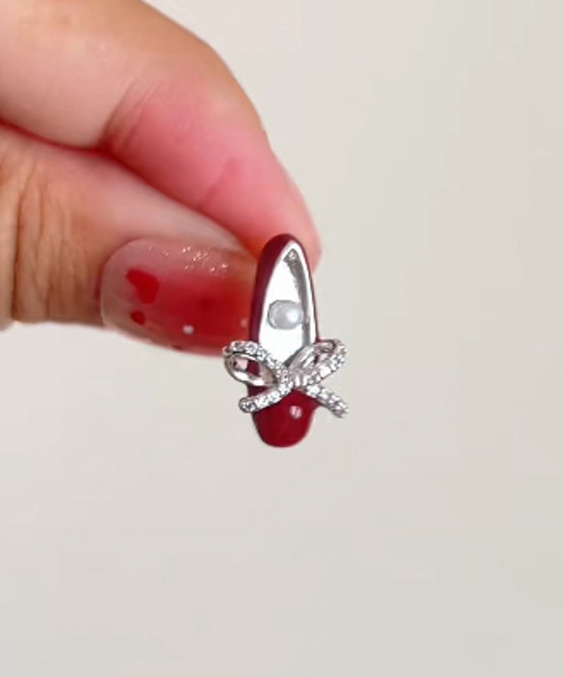 Red Copper Alloy Bow Pearl Ballet Shoes Stud Earrings