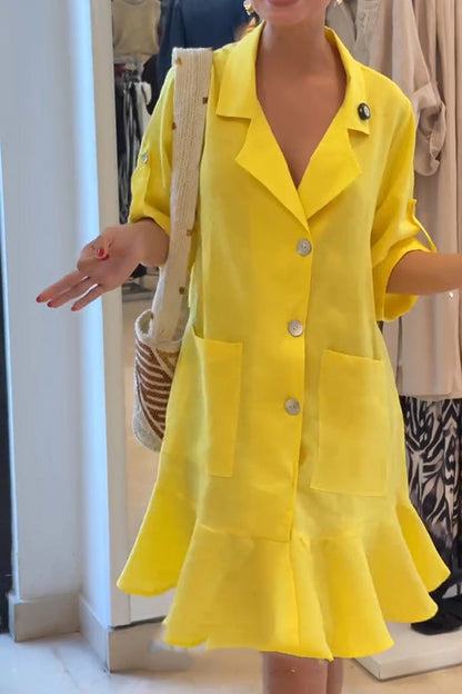 Color Lapel Pocket Ruffle Loose Mini Dress