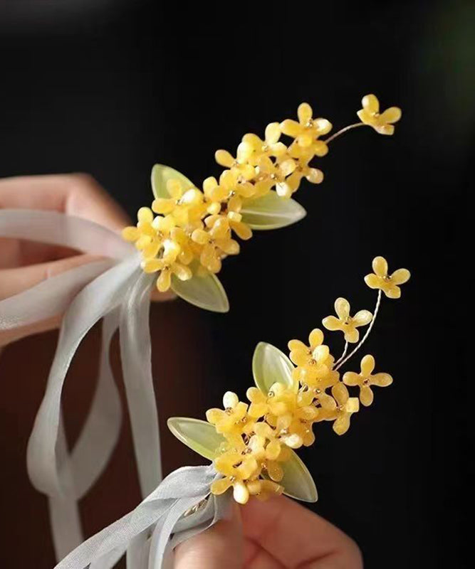 Chinese Style Yellow Alloy Tulle Osmanthus Ribbon a Pair Hairpin