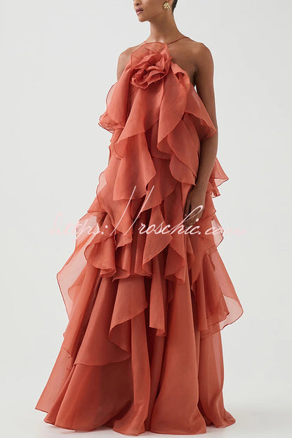 Free - Flowing Rose Detail Tiered Ruffles Halter A-line Maxi Dress