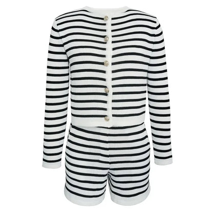 Knitted Shorts 2 Piece Sets Outfits Loose Cardigan Sweater Woman Winter Street High Waist Short Suits