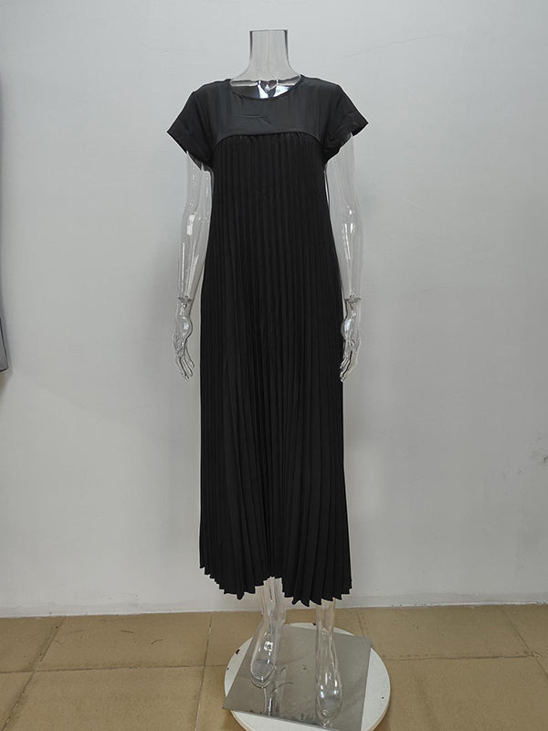 A-line High Waisted Pleated Pockets Color Split-joint Round-neck Maxi Dresses