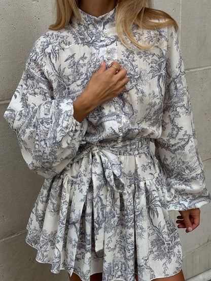 Loose Puff Sleeves Pleated Printed Split-joint Tied Waist Stand Collar Mini Dresses