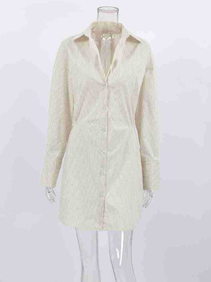 Flared Sleeves Long Sleeves Buttoned Striped Lapel Mini Dresses Shirt Dress