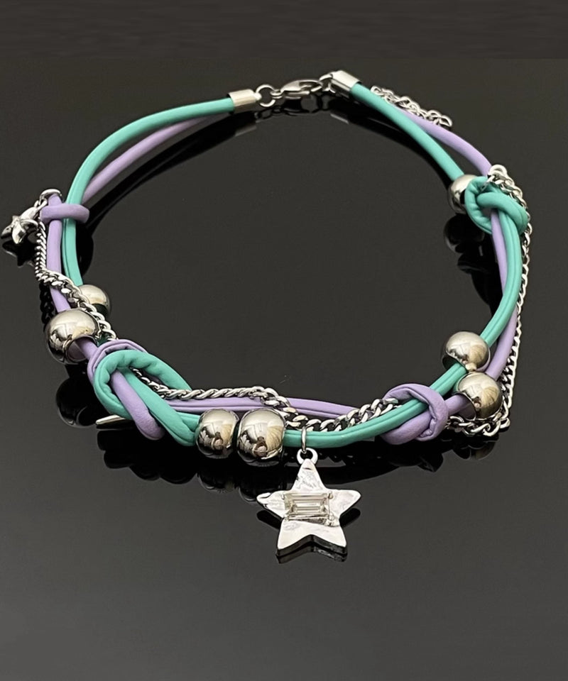 Purple Green Patchwork Alloy Colorful Stars Tassel Necklaces