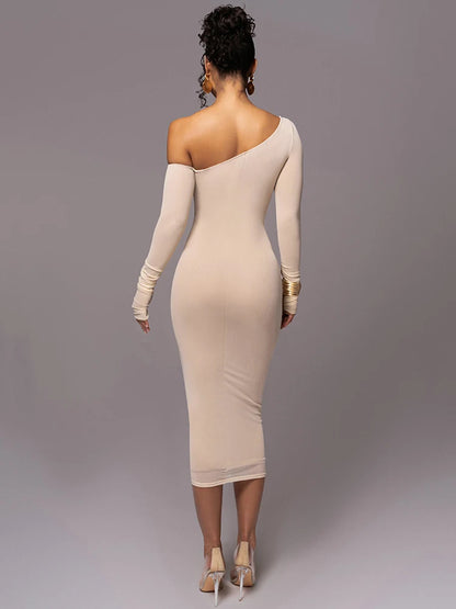 Diagonal Collar Long Sleeve Midi Dress for Two Layer Mesh Backless Ruched Bodycon Club Party Long Dress
