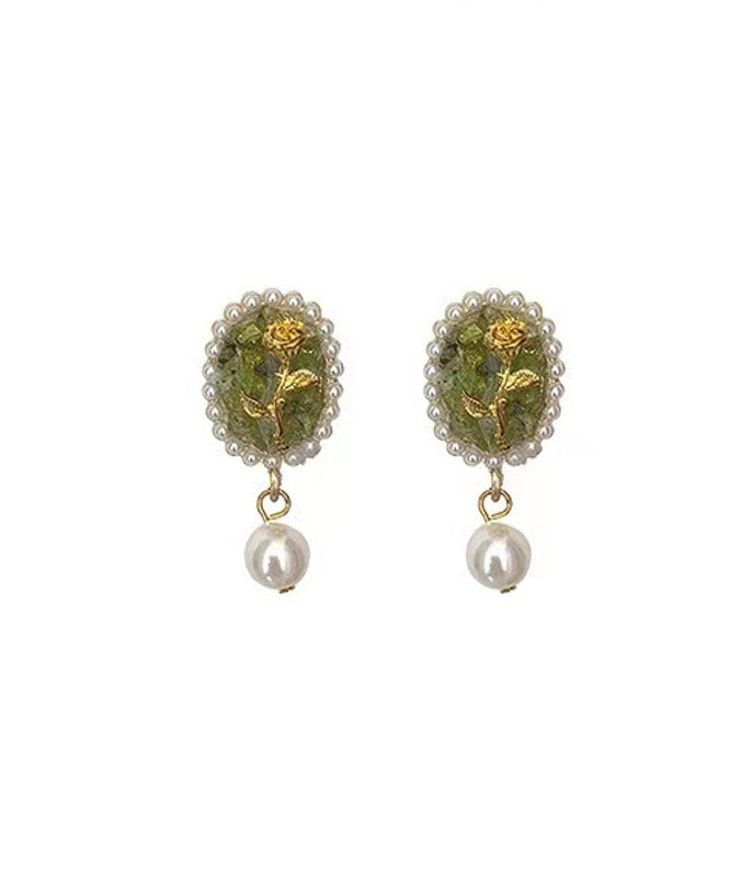 Green Sterling Silver Alloy Pearl Resin Drop Earrings