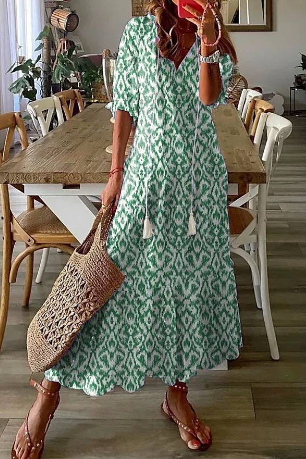 Geometric Print V Neck Maxi Dress