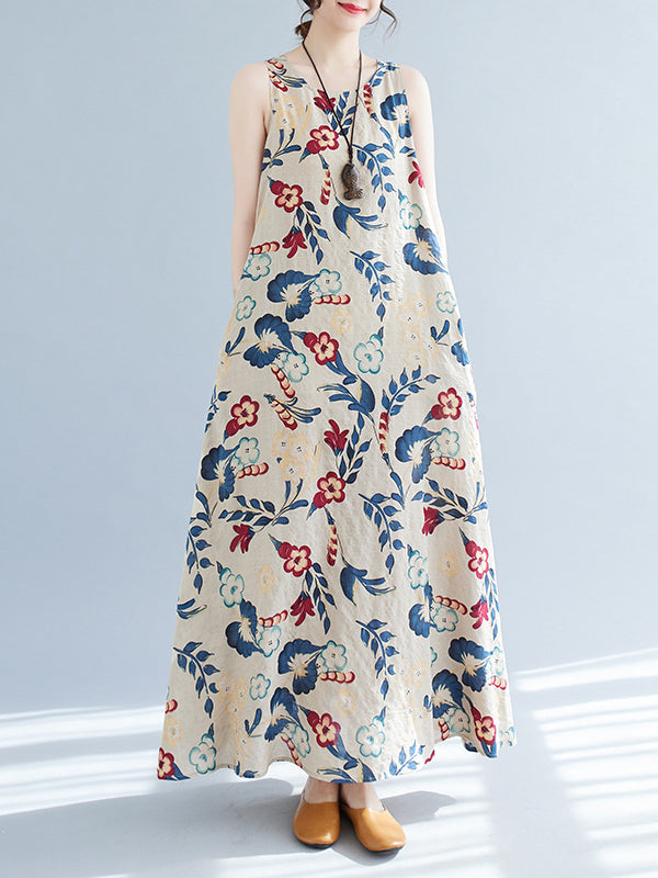 Loose Sleeveless Printed Round-neck Maxi Dresses