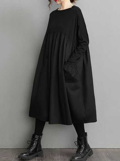 Simple Loose Black Split-joint Long Sleeves Midi Dress
