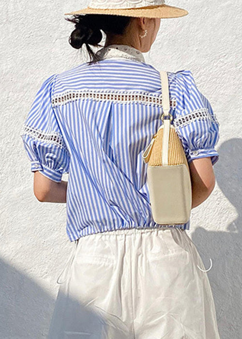 Out Blue Striped Cotton Summer Hollow Blouses