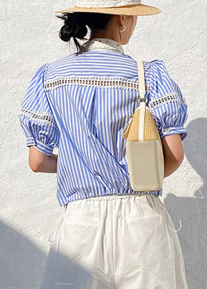 Out Blue Striped Cotton Summer Hollow Blouses