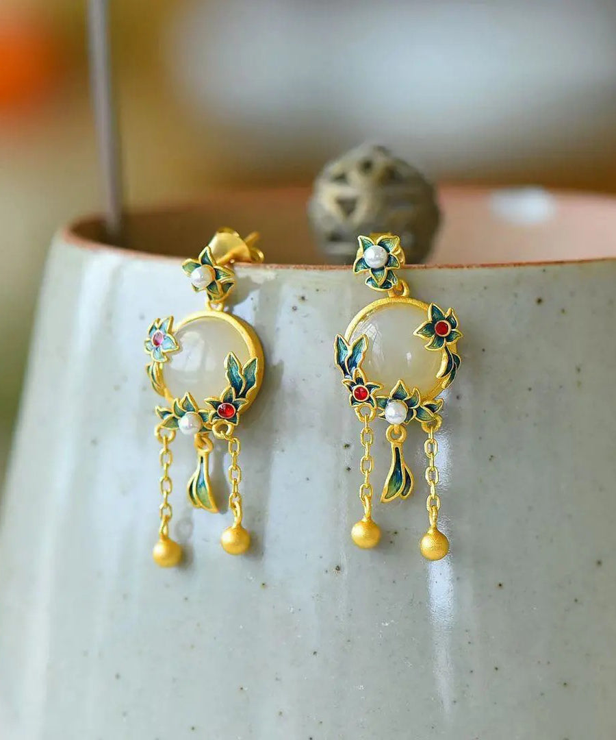 Modern Green Sterling Silver Inlaid Hetian Jade Agate Pearl Drop Earrings