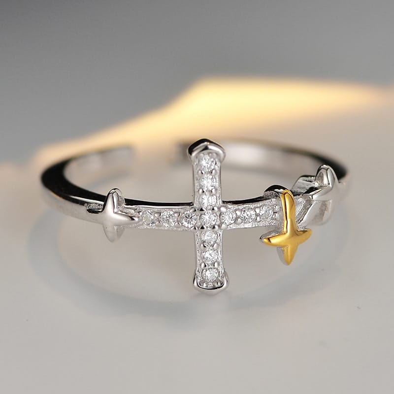 Gold Star Cross Ring - (adjustable)