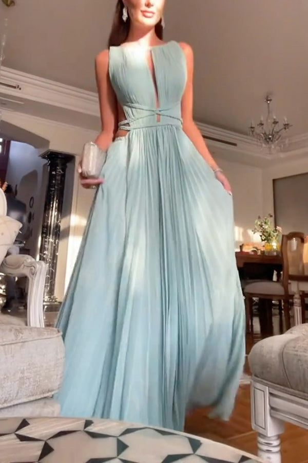 Sleeveless Open Back Cord Pleated Maxi Dress
