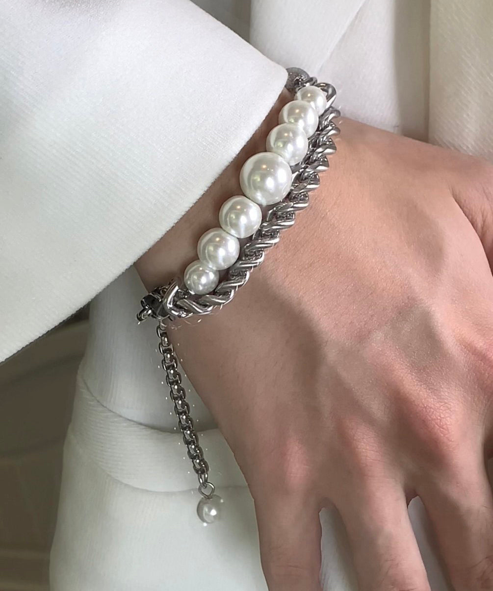 Brief Stainless Steel Pearl Chain Charm Bracelet