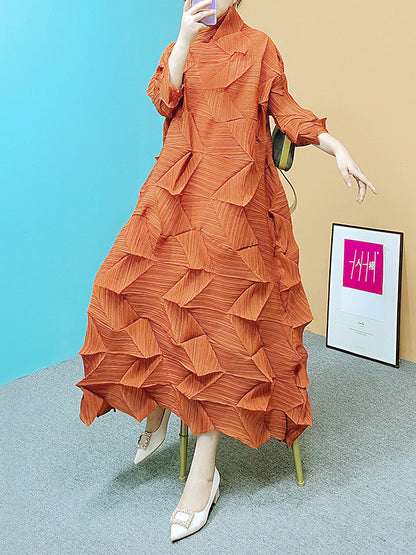 Long Sleeves Loose Pleated Color Stand Collar Maxi Dresses