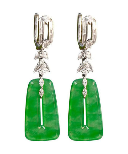Green Sterling Silver Jade Square Hollow Out Drop Earrings