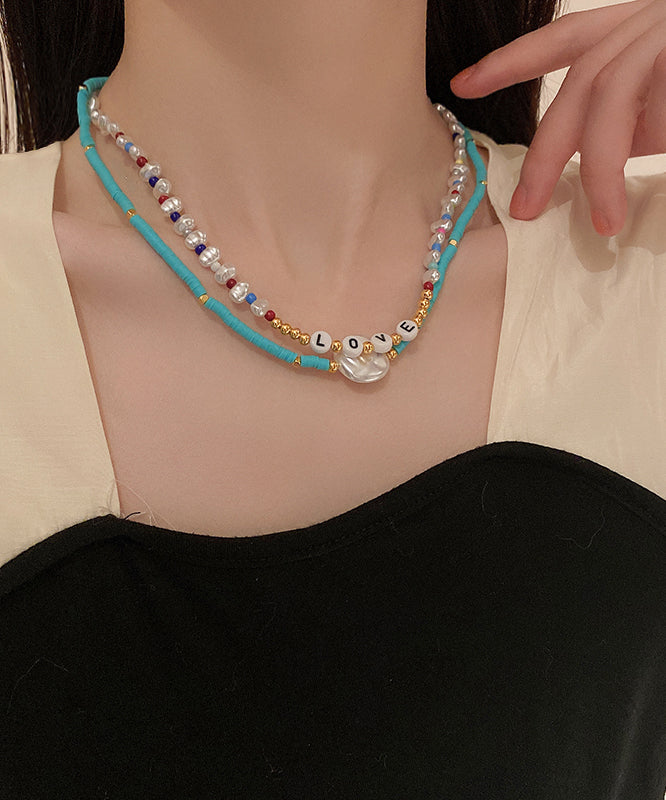 Blue Alloy Acrylic Pearl Bilayer Beading Gratuated Bead Necklace