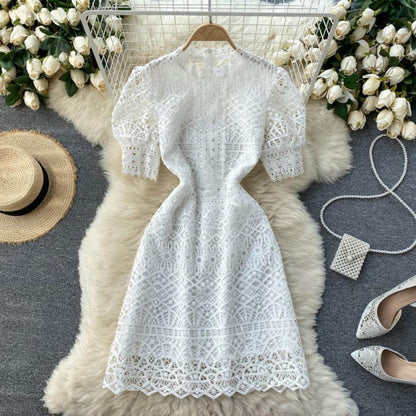 Pink O-neck Hollow Out Lace High Waist Puff Sleeve Mini Dress Ar1010