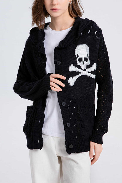 Hollow Long-sleeved Halloween Skull Knitted Cardigan With Pockets