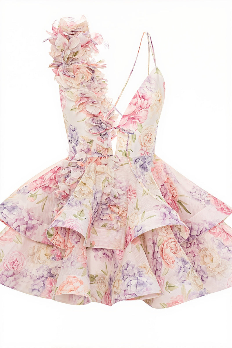 Print V Neck Sleeveless Backless Tulip Mini Dress