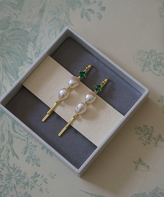 Gold Alloy Zircon Pearl Emerald a Pair Hairpin