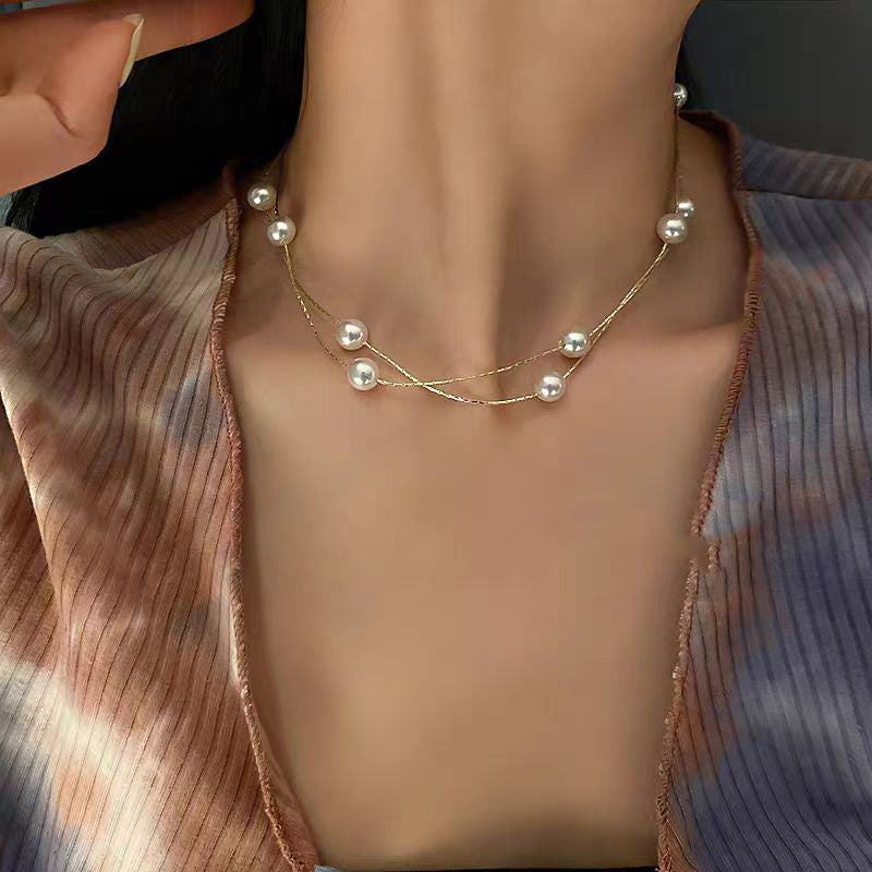 Gold Alloy Double Layered Pearl Necklace