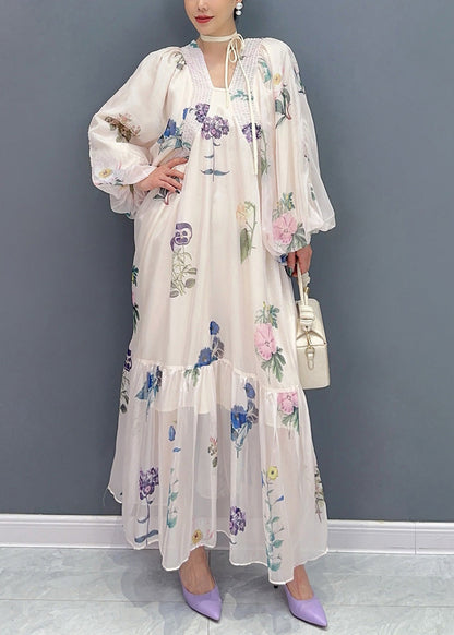White Print Chiffon Long Dresses Lantern Sleeve Ar1027