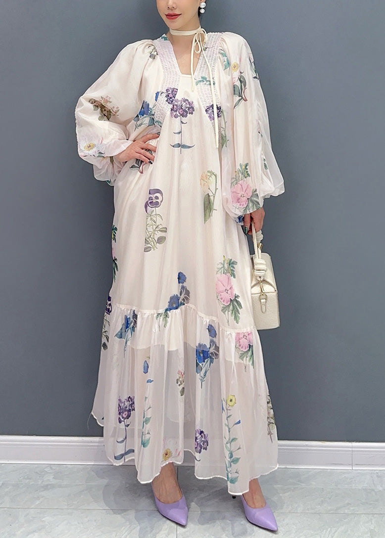 White Print Chiffon Long Dresses Lantern Sleeve Ar1027