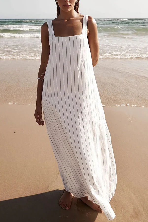 Simple and Linen Blend Pinstripe Detail Square Neck A-line Maxi Dress