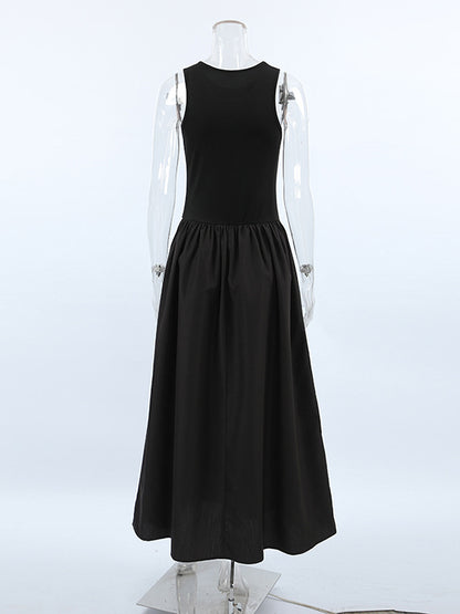 A-line Sleeveless Color Split-joint Round-neck Maxi Dresses