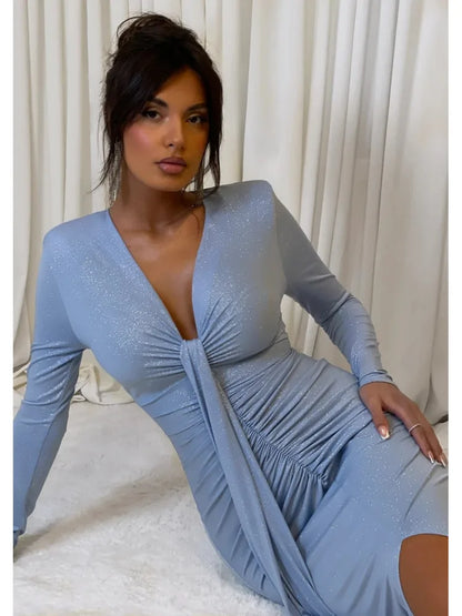 Long Sleeved Lace Up Pleated Evening Dress for Vneck Bodycon Elastic Maxi Dress Female Party Club Vestidos