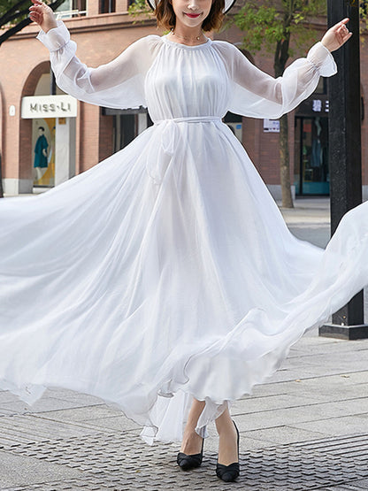 Long Sleeves Loose Falbala Gauze Pleated Color Tied Waist Round-neck Maxi Dresses