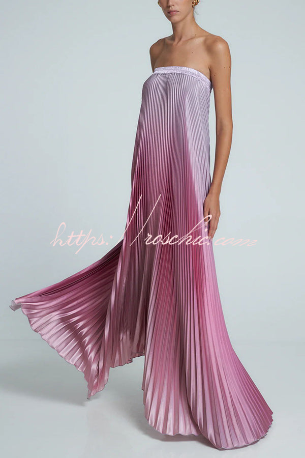 Styling Satin Pleated Elastic Bust Strapless A-line Gown Maxi Dress