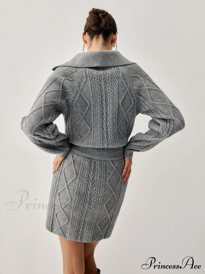Cable Knit Open Collar Modern Cardigan With Matching Skirt